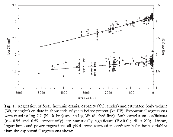 Fossil hominin cranial capacity and estimated body weight vs. time. Figure 1 from Henneberg and de Miguel 2004.